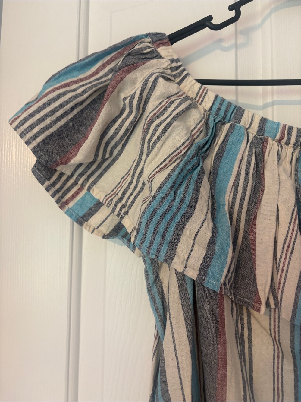 easel Striped Off-Shoulder Dress in Blue, Cream & Brown - Picture 4 of 4